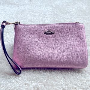 Coach Small Metallic Pink Pebbled Leather Wristlet